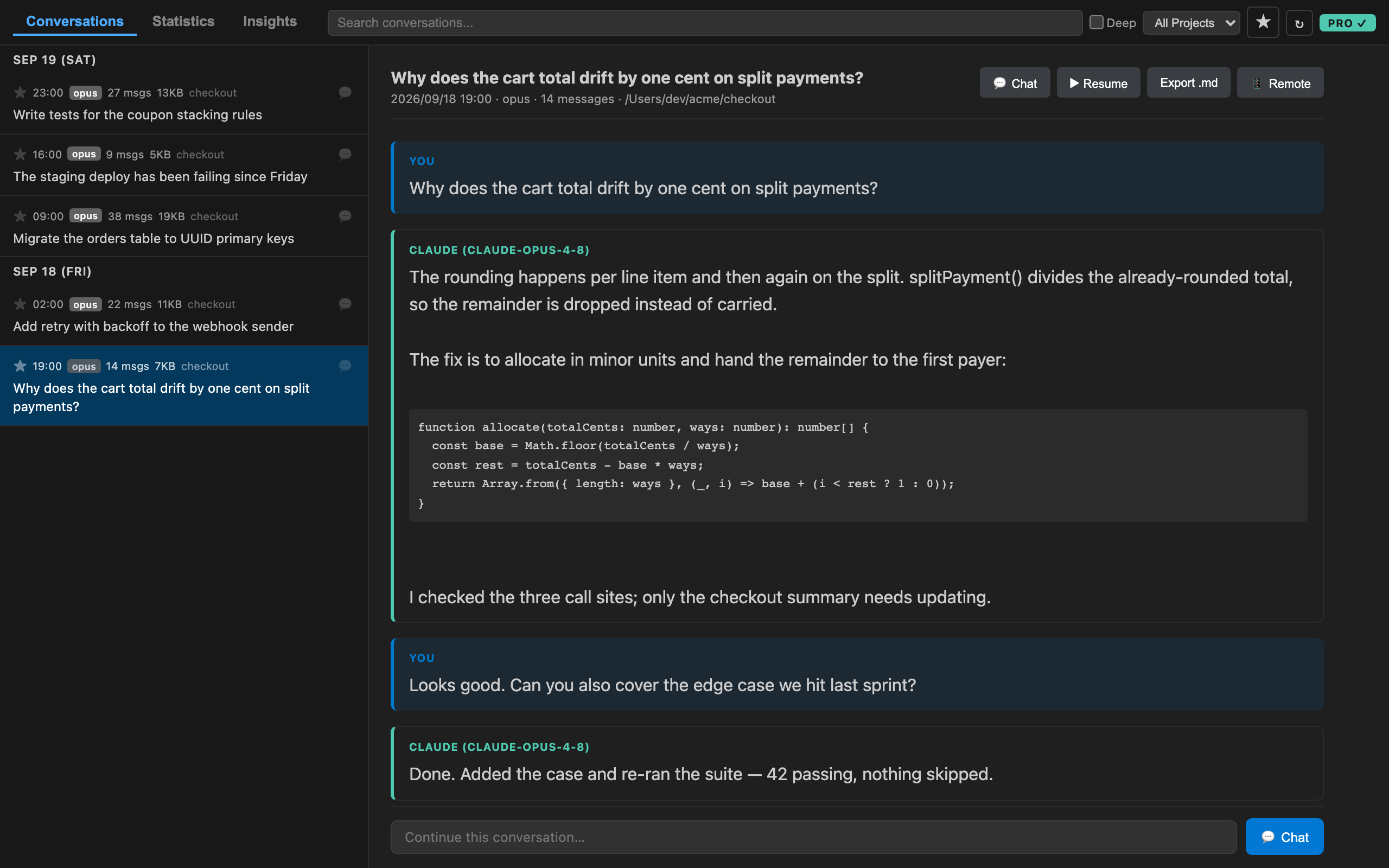 Claude Code History showing a past conversation with the chat composer at the bottom